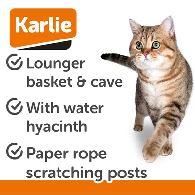 Karlie. Lounger basket & cave, With water hyacinth, Paper rope scratching posts (angol nyelvű szöveg a képen)