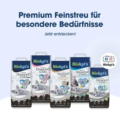 Biokat's Diamond Care Premium Feinstreu für besondere Bedürfnisse. Jetzt entdecken! Verschiedene Sorten: Classic, Attracting & Care, Multicat, Sensitive.