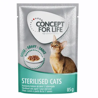 Concept for Life Sterilised Cats, υγρή τροφή σε σάλτσα για στειρωμένες γάτες από 1 έτους, συσκευασία 85g.