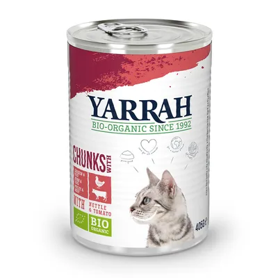 Yarrah BIO-ORGANIC SINCE 1992 kattenvoer, chunks met kip en rund, met brandnetel & tomaat, BIO ORGANIC, blik van 405 g. Afbeelding van een kat op het etiket.
