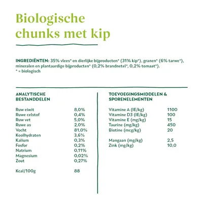 Biologische chunks met kip. Ingrediënten: 35% vlees, 31% kip, 6% tarwe, mineralen, brandnetel, tomaat. Analytische bestanddelen: eiwit 8%, vet 5%, vocht 81%. Kcal/100g: 88.