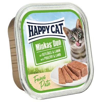 Happy Cat Minkas Duo z drobiem i jagnięciną, delikatny pasztet. Opakowanie przedstawia kota i podany pasztet na talerzu.