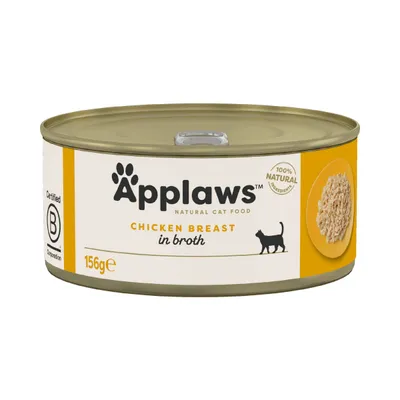 Konzerva Applaws Natural Cat Food, Chicken Breast in broth, 156 g. Viditeľné: Certified B Corporation, 100% natural ingredients, obrázok kuracieho mäsa na tanieri.