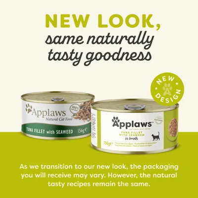 Applaws tuna fillet with seaweed 156g tins shown in old and new packaging. Text: New look, same naturally tasty goodness. Packaging may vary but recipes remain the same.