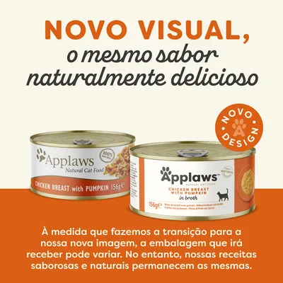 Applaws Natural Cat Food, Chicken Breast with Pumpkin 156 g. Novo visual, o mesmo sabor naturalmente delicioso. NOVO DESIGN. Embalagem pode variar durante a transição.