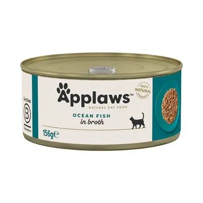 Applaws Natural Cat Food, Ocean Fish in Broth, 156g. 100% natural. Afbeelding van visvoer op een bord. Certified B Corporation zichtbaar op het etiket.