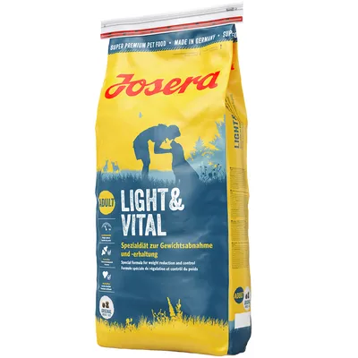 Sac Josera Adult Light & Vital, texte visible : Spezialdiät zur Gewichtsabnahme und -erhaltung, formule spéciale de régulation et contrôle du poids, made in Germany.