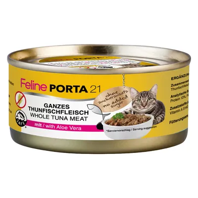 Feline Porta 21, egész tonhalhús Aloe Verával, hozzáadott cukor nélkül. Kiegészítő eledel macskáknak. Analitikai összetevők: fehérje 13%, zsír 0,5%. Tálalási javaslat látható.