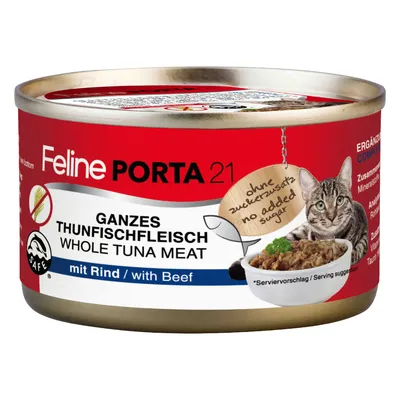 Feline Porta 21, Ganzes Thunfischfleisch mit Rind. Ohne Zuckerzusatz. Ergänzungsfutter für Katzen. Serviervorschlag: Schüssel mit Fleischstücken.