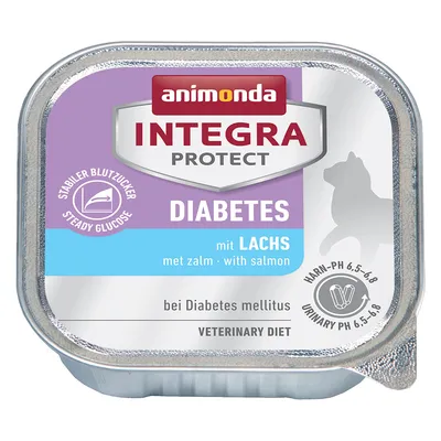 animonda INTEGRA PROTECT DIABETES met zalm, stabiele bloedsuiker, bij Diabetes mellitus, VETERINARY DIET, HARN-PH 6,5–6,8, afbeelding kat zichtbaar op verpakking