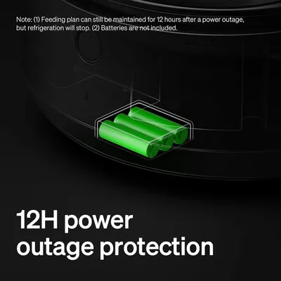 Text: 12H power outage protection. Poznámka: Plán krmení lze udržet 12 hodin po výpadku proudu, chlazení se zastaví. Baterie nejsou součástí balení.