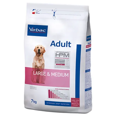 Balení krmiva Virbac Adult Large & Medium, 7 kg. Na obalu pes, nápisy VETERINARY HPM, HIGH PALATABILITY, LARGE & MEDIUM, graf složení bílkoviny 35 %, tuky 21 %.