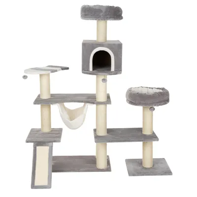 Grauer Kratzbaum mit mehreren Ebenen, Höhle, Hängematte und gepolsterten Liegeflächen. Sisal umwickelte Kratzstämme für Katzen.