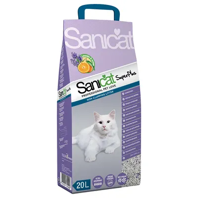 Sanicat SuperPlus kattsand, 20L. Bild på vit katt, text: Non Clumping Litter, Ultra Absorbent, Odour Control, Nice Odour. Lavendel- och apelsindoft visas med bilder.