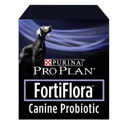 Purina Pro Plan FortiFlora Canine Probiotic -pakkauksen etupuoli, jossa näkyy koira ja tuotteen nimi selvästi esillä.