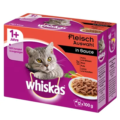 Caja de comida húmeda para gatos Whiskas Fleisch Auswahl in Sauce, 12 sobres de 100 g. Visible: gato gris, ingredientes carne y verduras, texto en alemán, recomendado para gatos de 1+ años.