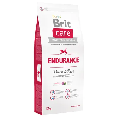 Sac Brit Care Endurance Duck & Rice 12 kg, texte visible : Prevention by Nutrition, superpremium – no soy, beef, pork, wheat, corn, GMO, formule hypoallergénique pour chiens actifs.