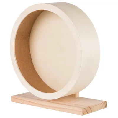Ruota in legno chiaro con superficie interna in sughero e base stabile, adatta per piccoli animali.