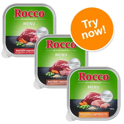 Rocco Menu wet food trays, visible varieties: Beef with vegetables & rice, Beef, lamb, vegetables & rice, Beef, poultry, vegetables & rice. Orange badge reads: Try now!