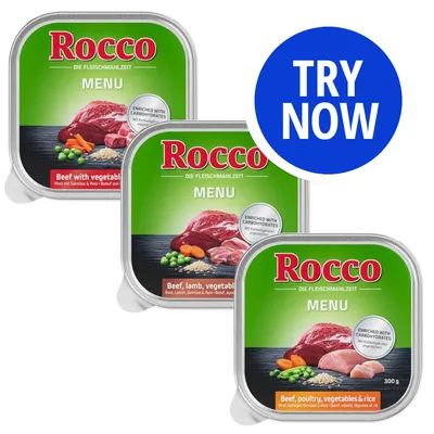 Three Rocco Menu packs with visible labels: beef with vegetables, beef and lamb with vegetables and rice, beef and poultry with vegetables and rice. Blue circle reads 'Try Now'.