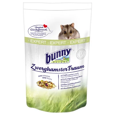 Bunny Nature ZwerghamsterTraum. Utan extrudat, utan pellets. Med VitalPlus-Granivat, kraftingredienser som quinoa och amarant, hög andel småfrön, linfrö, sesam och mjölmask.