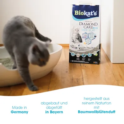 Biokat's Diamond Care Multicat Katzenstreu, hergestellt aus reinem Naturton mit Baumwollblütenduft. Made in Germany, abgebaut und abgefüllt in Bayern.