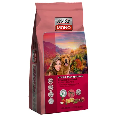 MAC's MONO ADULT Monoprotein Frisches Pferd Fresh Horse hundefoderpose med billede af hund, piktogrammer for 100% hest, frisk kød og ingredienser som æble, kartoffel og granatæble.