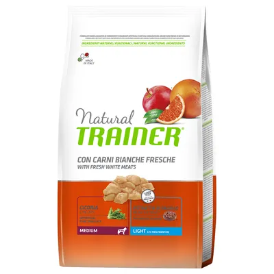 Natural Trainer CON CARNI BIANCHE FRESCHE WITH FRESH WHITE MEATS, billede af kyllingestykker, grapefrugt og æble. Tekst: CICORIA CHICORY, ESTRATTO DI FAGIOLO BEAN EXTRACT, MEDIUM, LIGHT (12 MESI/MONTHS).