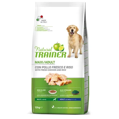 Natural Trainer Maxi/Adult hundefoder med frisk kylling og ris, Made in Italy, uden farvestoffer, konserveringsmidler eller tilsat sukker. Til hunde fra 15 måneder og over 30 kg.