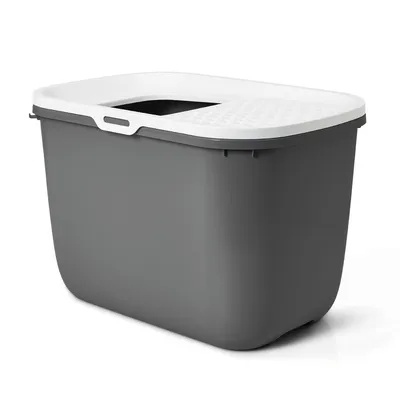Caja de arena gris para gatos con tapa blanca y entrada superior. Forma rectangular, diseño moderno.