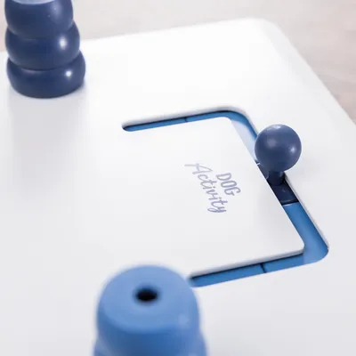 Jeu interactif blanc et bleu avec texte visible « DOG Activity » sur une plaque coulissante, éléments en plastique visibles.