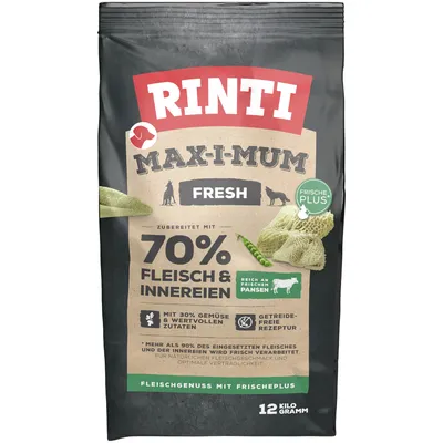Rinti Max-i-mum Fresh, zubereitet mit 70% Fleisch & Innereien, reich an frischem Pansen, getreidefreie Rezeptur, mit 30% Gemüse & wertvollen Zutaten. Packungsgrösse: 12 Kilogramm.