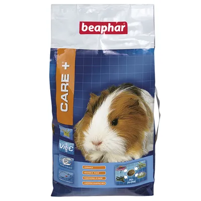 beaphar CARE+ Vit C caviavoer, afbeelding van een cavia op de verpakking, tekst: 'CAVIAS', 'GUINEA PIGS', 'COCHONS D'INDE', 'MEERSCHWEINCHEN', 'ALL IN-ONE'