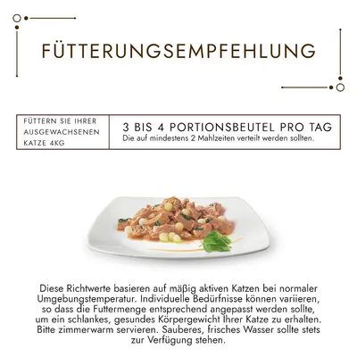 Fütterungsempfehlung: Für ausgewachsene Katze 4kg, 3 bis 4 Portionsbeutel pro Tag auf mindestens 2 Mahlzeiten verteilt. Hinweise zu individuellen Bedürfnissen und frischem Wasser.