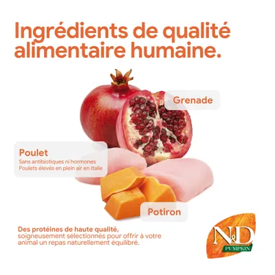 Ingrédients de haute qualité : grenade, poulet sans antibiotiques ni hormones d’Italie, potiron. N&D Pumpkin. Pour une alimentation animale naturellement équilibrée.
