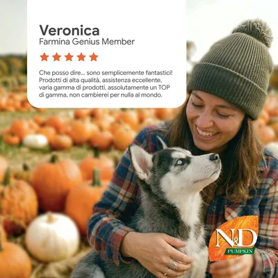 Veronica, farmina Genius Member: 5 stelle. Prodotti di alta qualità, servizio eccellente, ampia scelta, assolutamente TOP, non li cambierei per nulla al mondo. Logo N&D Pumpkin.