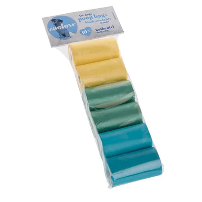 zoolove for dogs poop bags, biologisk nedbrydelige, 10 %, Kolbeutel dreifachdick. Pakke med seks ruller i gule, grønne og blå farver.