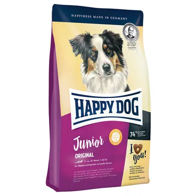 Confezione di crocchette Happy Dog Junior Original, 74% proteine animali, scritta 'Happiness made in Germany', indicato per cuccioli, testo visibile: I love you!