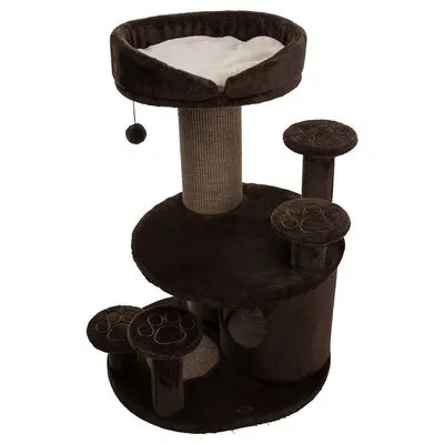 Árvore para gatos em tecido castanho com poste de sisal, cama superior almofadada, bola pendurada, plataformas redondas com pegadas e casa circular na base.