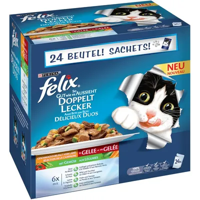 Purina Felix Délicieux Duos cat food, 24 sachets, in jelly with vegetables. Visible text in German and French. Image shows a black and white cat and a bowl of food on the box.