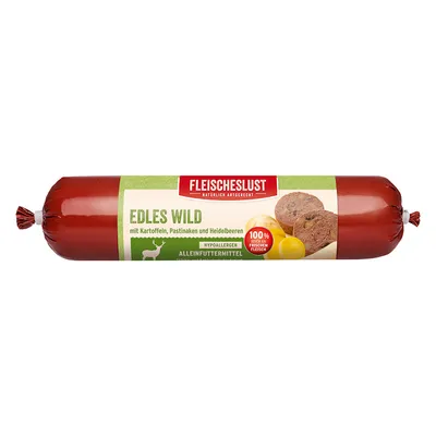Fleischeslust Edles Wild avec pommes de terre, panais et myrtilles. Aliment complet hypoallergénique. 100% viande fraîche. Fleischeslust Edles Wild avec pommes de terre, panais et myrtilles. Aliment complet hypoallergénique. 100% viande fraîche.