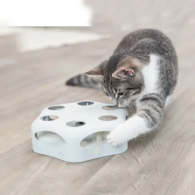 Kočka si hraje s bílou interaktivní hračkou se šesti otvory na podlaze, uvnitř je viditelný pohyblivý předmět s peřím.