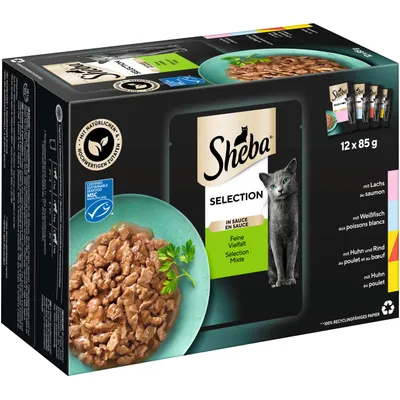 Sheba Selection w sosie, Wykwintna Różnorodność, 12 x 85 g. Z łososiem, białorybem, kurczakiem i wołowiną. Z naturalnymi składnikami, certyfikat MSC. Sheba Selection w sosie, Wykwintna Różnorodność, 12 x 85 g. Z łososiem, białorybem, kurczakiem i wołowiną. Z naturalnymi składnikami, certyfikat MSC.