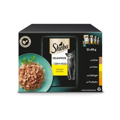 Sheba Delikatesse in olie, Geflügel Variation. Verpakking met 12 x 85 g kattenvoer, varianten: eend, kip, gevogelte, kalkoen. Afbeelding van voer op bord en kat zichtbaar.