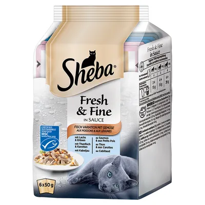 Sheba Fresh & Fine in Sauce, variation poisson et légumes, 6x50g. Conseils d’alimentation visibles : 3+ ans 15g, 4+ ans 20g. Label MSC pêche durable visible.