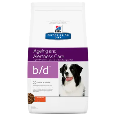 Hill's Prescription Diet Ageing and Alertness Care b/d torrfoder för hund, synlig text: with Chicken. Bild på en svartvit hund på förpackningen.