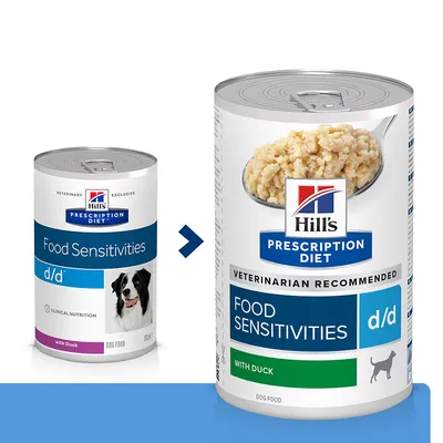 Deux boîtes Hill's Prescription Diet Food Sensitivities d/d with Duck pour chien, ancienne et nouvelle version de l'emballage visibles côte à côte.