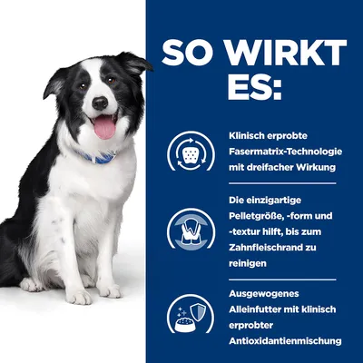 So wirkt es: Klinisch erprobte Fasermatrix-Technologie mit dreifacher Wirkung. Einzigartige Pelletgrösse, -form und -textur reinigt bis zum Zahnfleischrand. Ausgewogenes Alleinfutter mit Antioxidantienmischung.