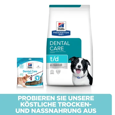 Hill's Prescription Diet Dental Care t/d Trockenfutter und Dental Care Chews. Probieren Sie unsere köstliche Trocken- und Nassnahrung aus.