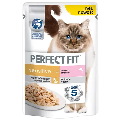 Perfect Fit Sensitive 1+ con salmón en salsa, digestión óptima, total 5 beneficios para la salud, nuevo.